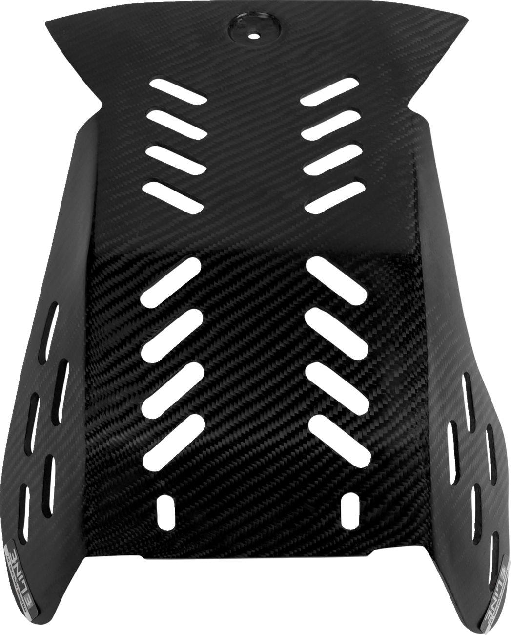 A black carbon fiber motorcycle skid plate with a textured, woven pattern. It features multiple diagonal vent slots for airflow and two small mounting holes near the bottom. The edges are angled upward, and branding is visible on the lower left side.