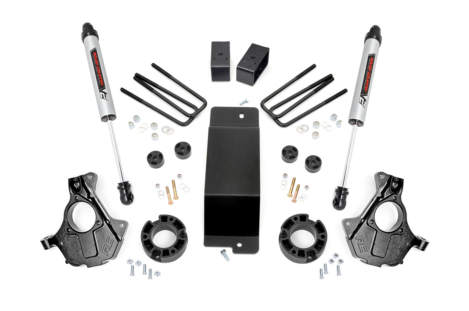 The 3.5 Inch Lift Kit | Cast Steel LCA | V2 for Chevy/GMC 1500 (07-13) is shown on a white background, featuring two shock absorbers, black knuckles, U-bolts, spacers, brackets, a skid plate, and hardware arranged symmetrically.
