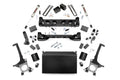 The 4 Inch Lift Kit | V2 for Toyota Tundra 2WD/4WD (2016-2021) is displayed on a white background with black metal brackets, control arms, shock absorbers, spacers, bolts, nuts, U-bolts, and a large case-like component arranged neatly.