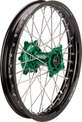 A motorcycle wheel with a black rim, metallic silver spokes, and a green central hub. The rim displays MOOSE RACING branding in white text. The spokes are symmetrically arranged and the wheel is photographed against a white background.
