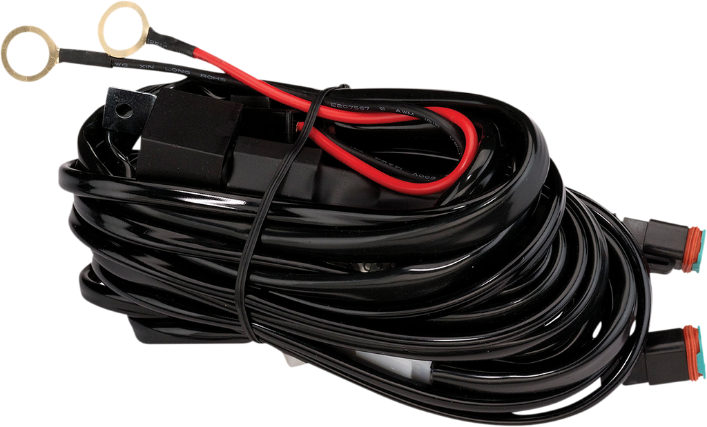 A coiled black electrical wiring harness featuring two ring terminals on one end with red and black wires, and two rectangular connectors with orange seals on the other end. The wires are secured by a twist tie, and some plastic casing is visible within t