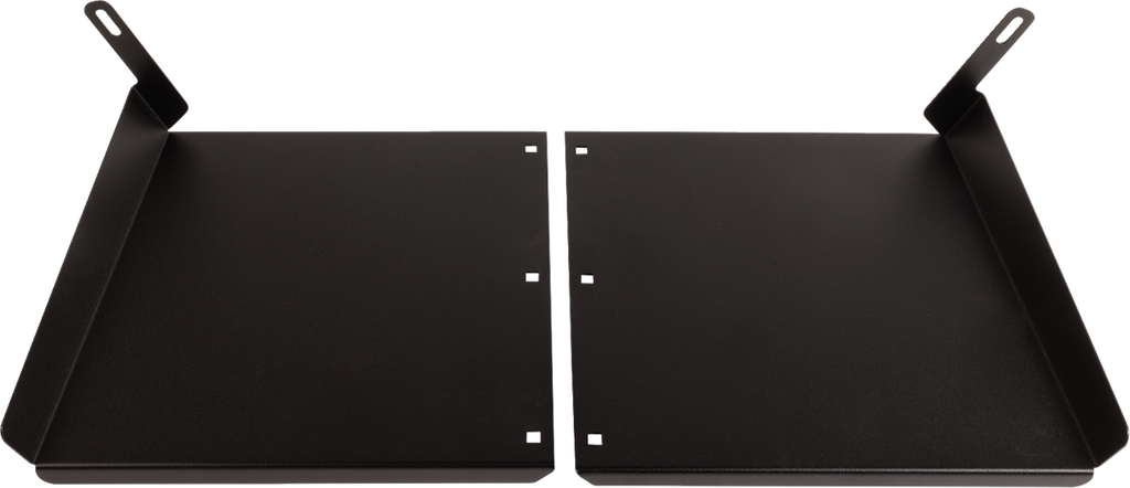 Two black metal mounting brackets with bent edges and holes for screws are placed side by side on a white background, with the inner edges facing each other and aligned to form a larger rectangular surface.