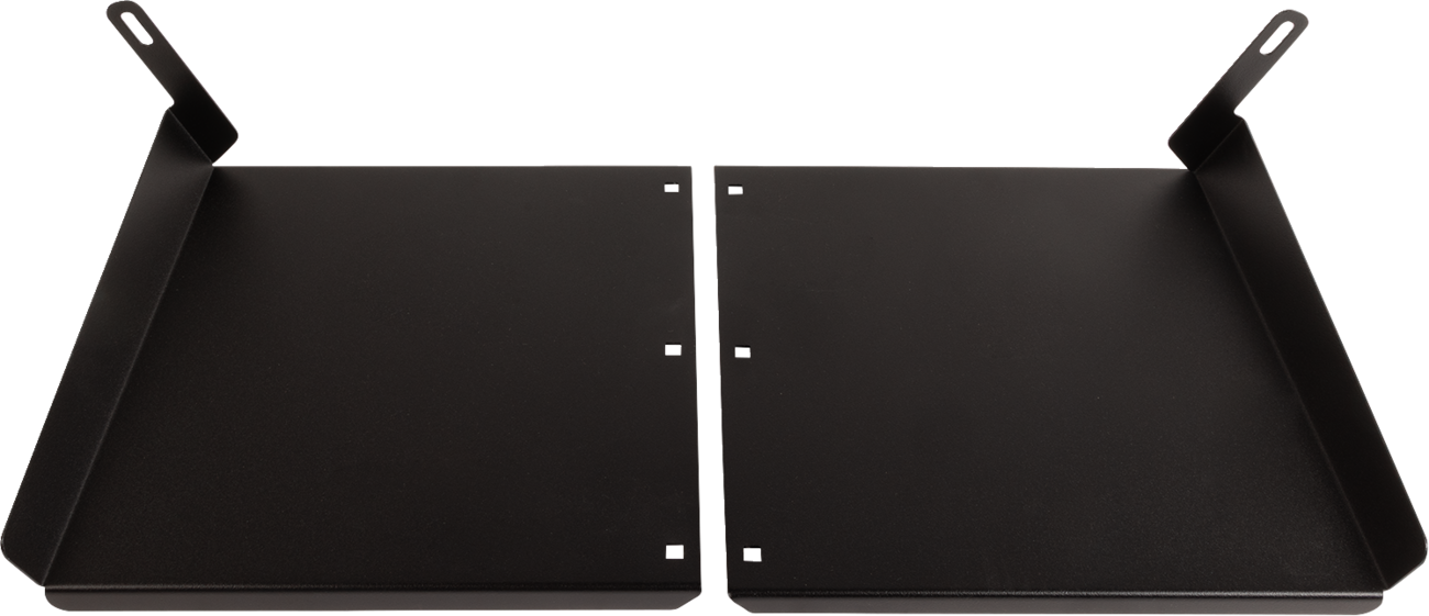 Two black metal mounting brackets with bent edges and holes for screws are placed side by side on a white background, with the inner edges facing each other and aligned to form a larger rectangular surface.