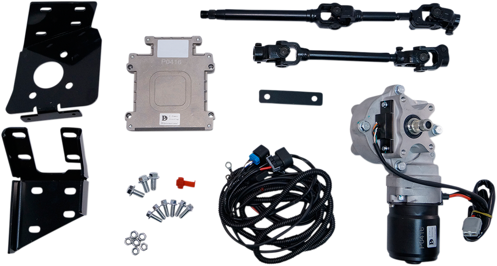 Assorted automotive parts laid out on a white background, including metal brackets, an electronic control module, wiring harness, screws, a motor assembly with gears, two black rods with ends, and a small metal strip.