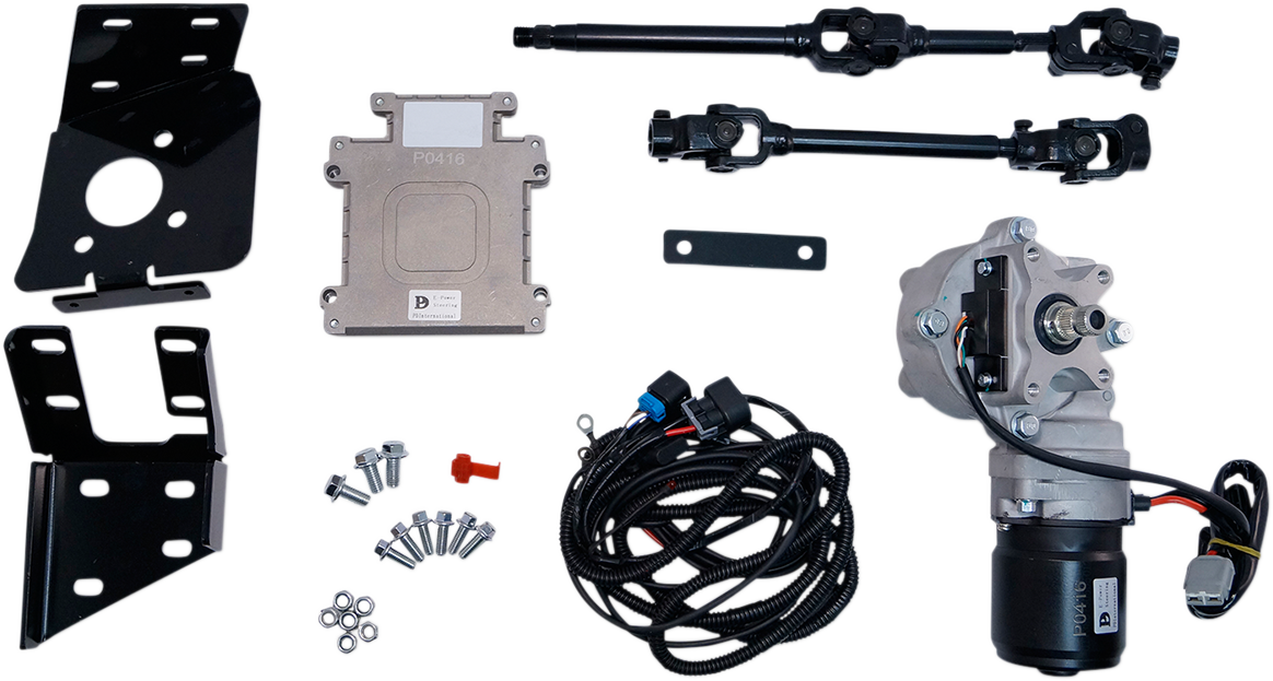 Assorted automotive parts laid out on a white background, including metal brackets, an electronic control module, wiring harness, screws, a motor assembly with gears, two black rods with ends, and a small metal strip.