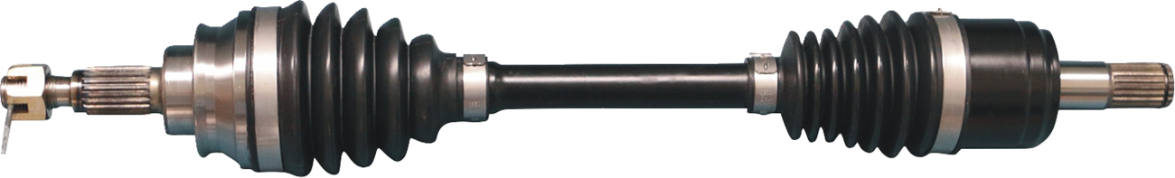 A close-up of a black automotive CV axle shaft with rubber accordion boots at both ends and shiny metal joints, viewed horizontally against a light background.