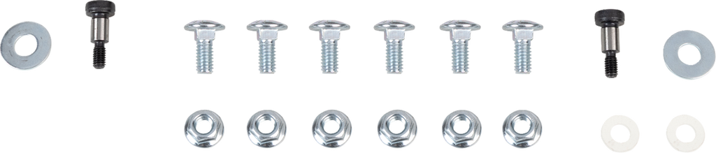 A row of eight silver screws with round heads sits in the center, flanked by two black screws with washers on each end. Below are eight washers and two white rings, and above are two large washers on each end, all laid out on a white background.
