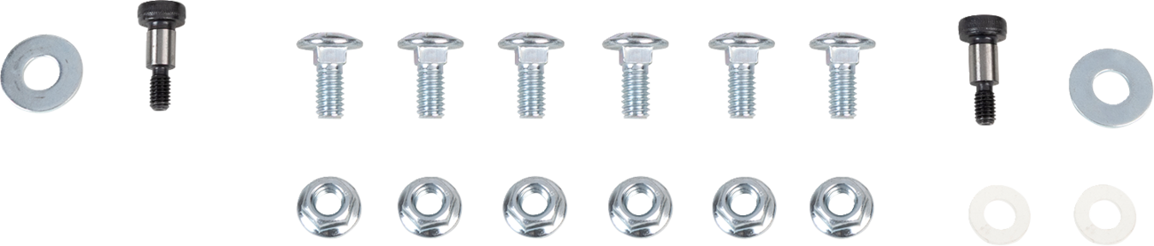 A row of eight silver screws with round heads sits in the center, flanked by two black screws with washers on each end. Below are eight washers and two white rings, and above are two large washers on each end, all laid out on a white background.