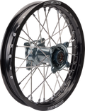 A close-up angled view of a spoked motorcycle wheel with a metallic hub, shiny silver spokes, and a black rim. “Moose Racing” logo is displayed twice in white on the rim, opposite each other. The background is plain white.