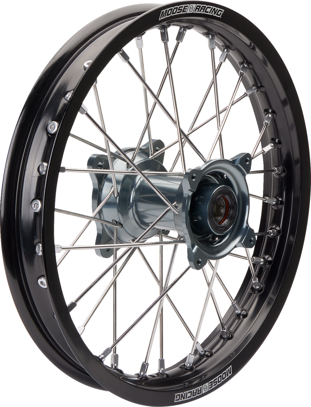 A close-up angled view of a spoked motorcycle wheel with a metallic hub, shiny silver spokes, and a black rim. “Moose Racing” logo is displayed twice in white on the rim, opposite each other. The background is plain white.