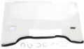 A clear, rectangular plastic windshield with a black rubber edge at the bottom. The Moose Utility Division logo appears on the lower right. Below the windshield are metal mounting brackets, screws, washers, and other small hardware pieces laid out on a wh