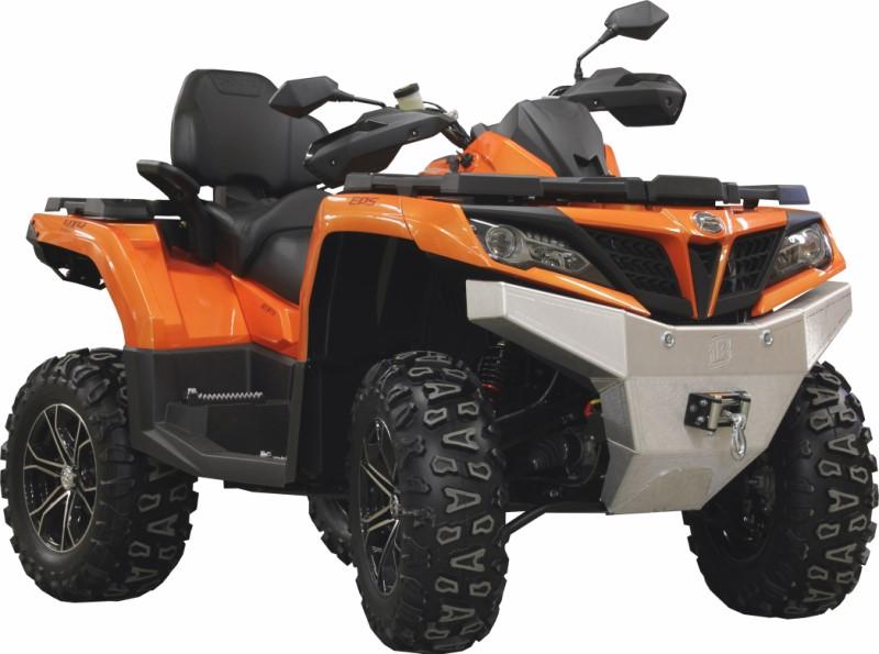 A bright orange ATV with black seating, large rugged tires, side mirrors, angular headlights, and a sporty design is equipped with a CFMOTO CFORCE 800 XC/850/1000 Aluminum Front Bumper—Brush Guard for off-road protection.