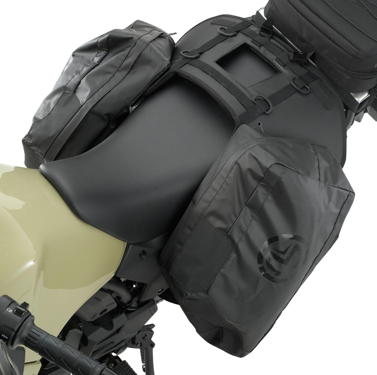 A close-up side view of a motorcycle with matte black saddlebags attached to both sides of the seat. The saddlebags are sleek, rectangular, and made of waterproof material with a subtle logo, securely fastened with straps. The bike is pale green and black