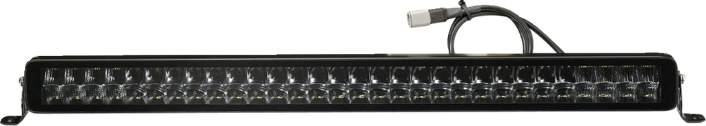 A long, rectangular LED light bar with multiple individual LED bulbs arranged in a row inside a black metal housing; a power cable with a gray plug is attached to the top right corner. The light bar is shown against a plain white background.