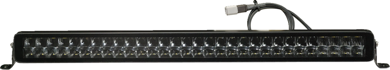 A long, rectangular LED light bar with multiple individual LED bulbs arranged in a row inside a black metal housing; a power cable with a gray plug is attached to the top right corner. The light bar is shown against a plain white background.