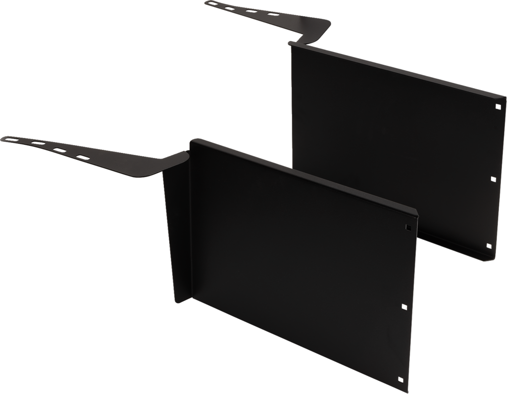 Two black metal brackets with rectangular vertical panels and angled flat arms, each arm featuring multiple holes for mounting. The brackets are aligned parallel to each other on a plain white background.