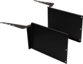 Two black metal brackets with rectangular vertical panels and angled flat arms, each arm featuring multiple holes for mounting. The brackets are aligned parallel to each other on a plain white background.