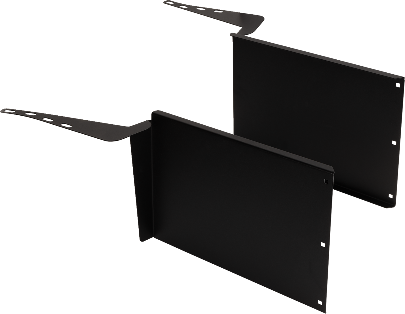 Two black metal brackets with rectangular vertical panels and angled flat arms, each arm featuring multiple holes for mounting. The brackets are aligned parallel to each other on a plain white background.