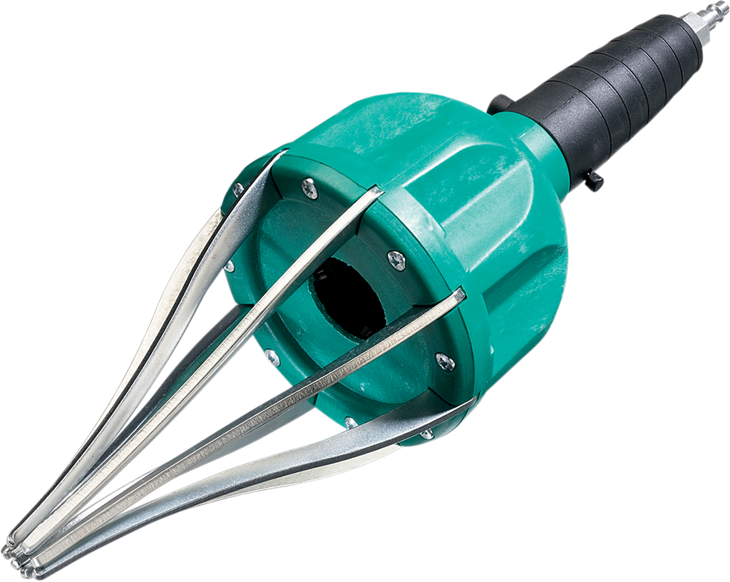 A handheld green and black garden tool with a black grip handle and four curved metal prongs extending from the base, likely used for harvesting or picking fruit, photographed against a white background.