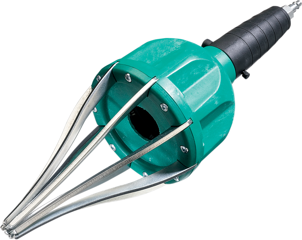 A handheld green and black garden tool with a black grip handle and four curved metal prongs extending from the base, likely used for harvesting or picking fruit, photographed against a white background.