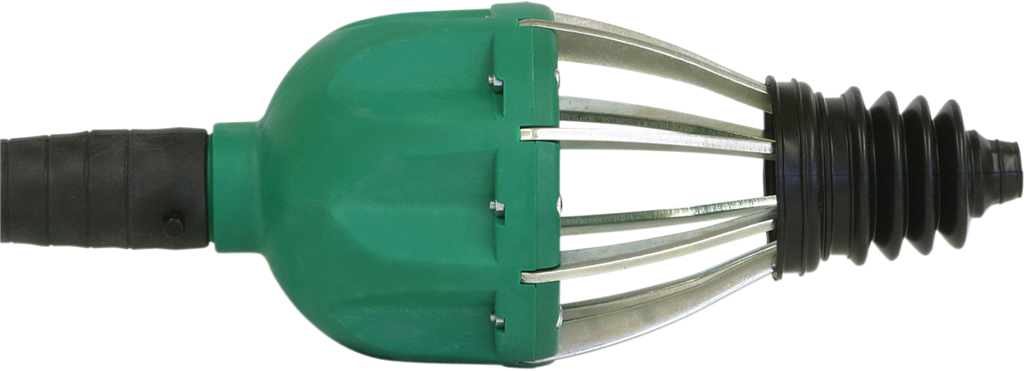 A green and black tool with a black rubber handle, a green plastic housing, and silver metal prongs that curve outward, ending in a black accordion-shaped rubber tip. The prongs are secured with screws, forming a claw-like shape.