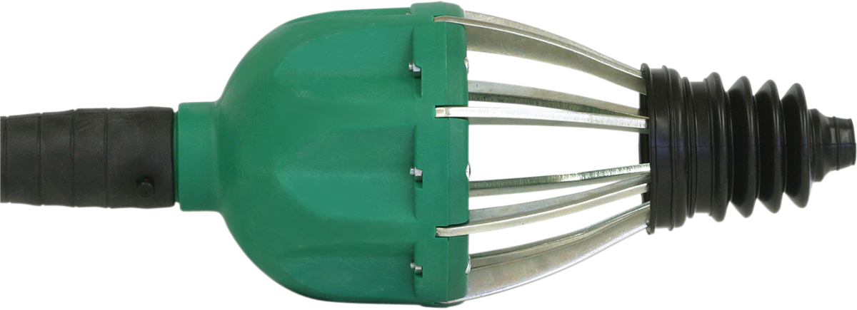 A green and black tool with a black rubber handle, a green plastic housing, and silver metal prongs that curve outward, ending in a black accordion-shaped rubber tip. The prongs are secured with screws, forming a claw-like shape.