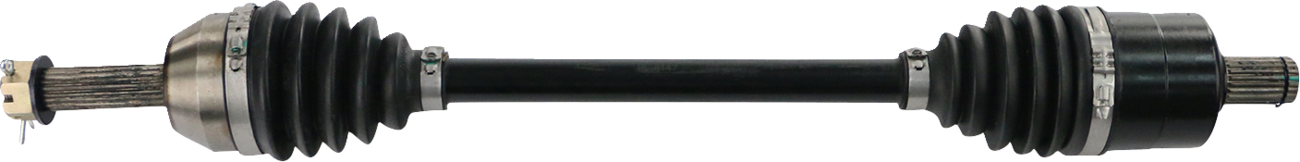 A black automotive drive shaft with rubber boots and silver metal housings at both ends, showing splined metal tips. The shaft connects the two ends and is designed for transferring rotational power in a vehicle.