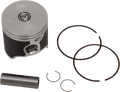 A silver and black engine piston with the Vertex logo, accompanied by two piston rings, a cylindrical piston pin, and two small circular snap rings, all arranged on a plain white background.