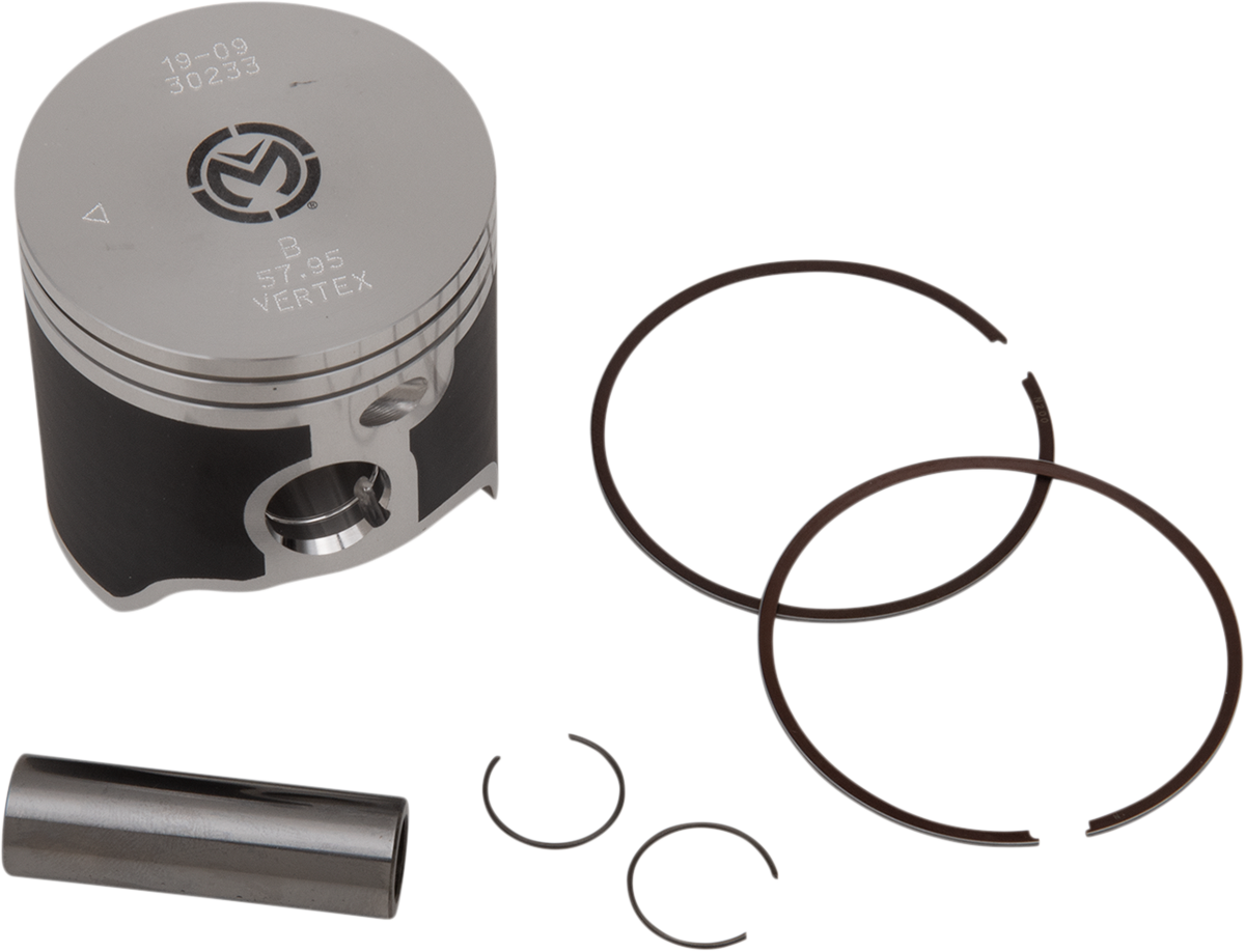 A silver and black engine piston with the Vertex logo, accompanied by two piston rings, a cylindrical piston pin, and two small circular snap rings, all arranged on a plain white background.