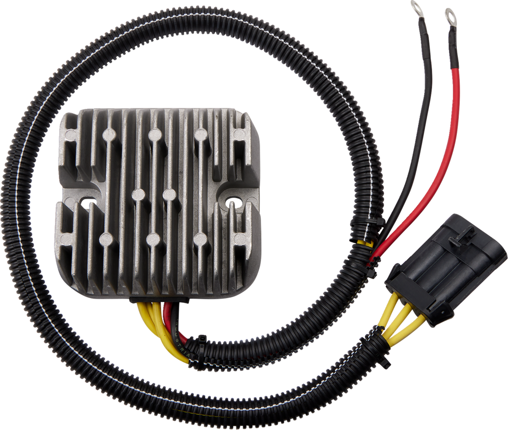 A metallic voltage regulator with fins is attached to black, red, and yellow wires. The wires are covered by a corrugated black sheath and connect to a black plastic connector and two exposed ring terminals.