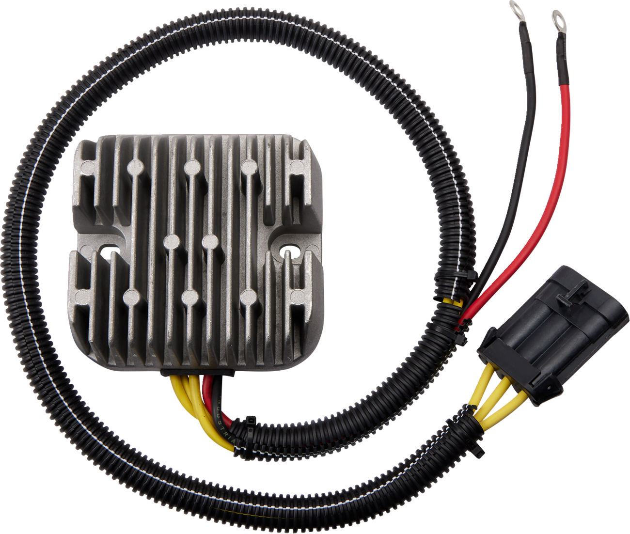 A silver metal voltage regulator with vertical fins is attached to a black, coiled wire harness. The harness has yellow, red, and black wires, ending in a black plastic connector and two ring terminals. The background is plain white.