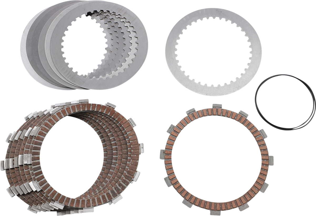 A set of motorcycle clutch plates and discs are arranged on a white background. The top left shows several smooth metal plates stacked together, top middle shows toothed metal plates, top right shows a thin black O-ring, and the bottom displays two stacks