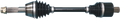 A car’s CV axle shaft with black rubber boots on each end, corrugated in the middle, and metallic joints exposed at both ends. The shaft is cylindrical and silver-black, used for transmitting power from the transmission to the wheels.