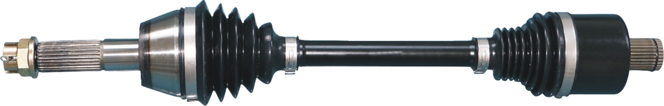 A car’s CV axle shaft with black rubber boots on each end, corrugated in the middle, and metallic joints exposed at both ends. The shaft is cylindrical and silver-black, used for transmitting power from the transmission to the wheels.