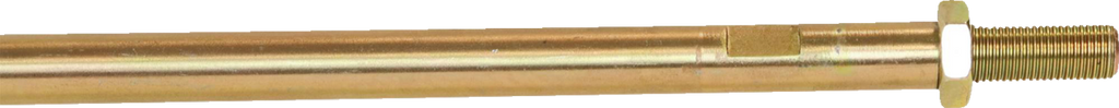 A close-up view of a long, cylindrical metal rod with a brass-colored finish, partially threaded on the right end, and a flat rectangular flange just before the threads. The background is plain and light-colored.