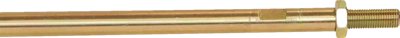 A close-up view of a long, cylindrical metal rod with a brass-colored finish, partially threaded on the right end, and a flat rectangular flange just before the threads. The background is plain and light-colored.