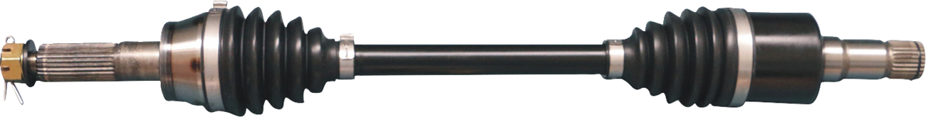 A close-up of a car CV axle shaft with metal ends and black rubber boots on both sides, connected by a straight metal rod in the center. The background is plain and light-colored, highlighting the auto part’s structure and details.