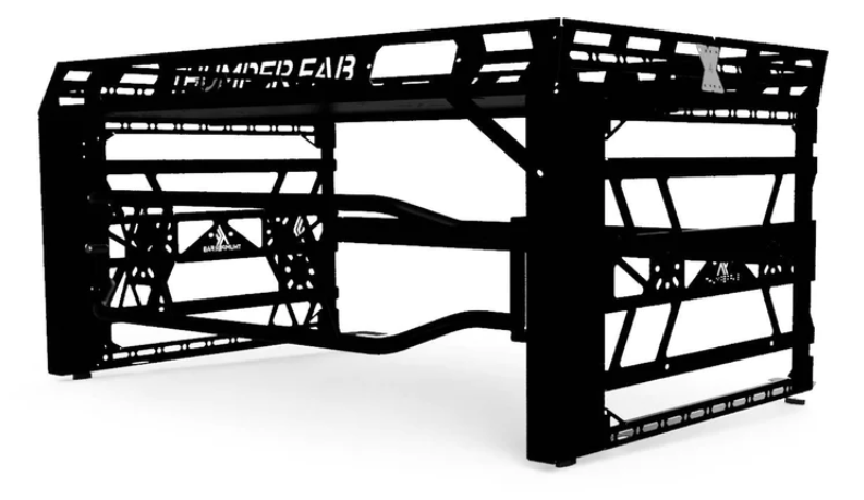 A black 2017+ Can-Am Defender Ultimate Bed Rack with a geometric metal frame, THUNDER FAB branding on top, angled bars, and reinforced supports for utility and hauling large items on your vehicles bed.