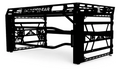 A black 2017+ Can-Am Defender Ultimate Bed Rack with a geometric metal frame, THUNDER FAB branding on top, angled bars, and reinforced supports for utility and hauling large items on your vehicles bed.