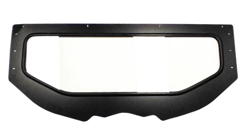 A black 2017+ Can-Am Maverick X3 Cage Windshield (Hi-Brow) with a rectangular center cutout, mounting holes along the edges, and a contoured lower edge with a central dip, isolated on a white background.