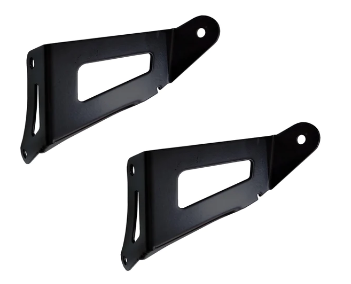 The TF Roll Cage 40-INCH Light Bar Brackets (Black) feature angled triangular shapes with central elongated cutouts, a mounting hole at one end, and a slotted opening at the other for secure surface attachment. Shown on a white background.