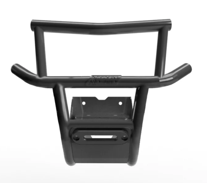 The 2017+ Can-Am X3 Front Winch Bumper & Bulkhead (Black) features a metal, angular-tube design with an integrated winch mount, grille guard, and fairlead cutout, combining straight and curved bars for optimal protection and function.