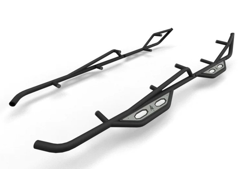 The 2017+ Can-Am Maverick X3 MAX Nerf Rails (Black) feature angular designs with silver accent plates, geometric cutouts, and mounting points for protection and step support. Two rails are displayed on a white background.