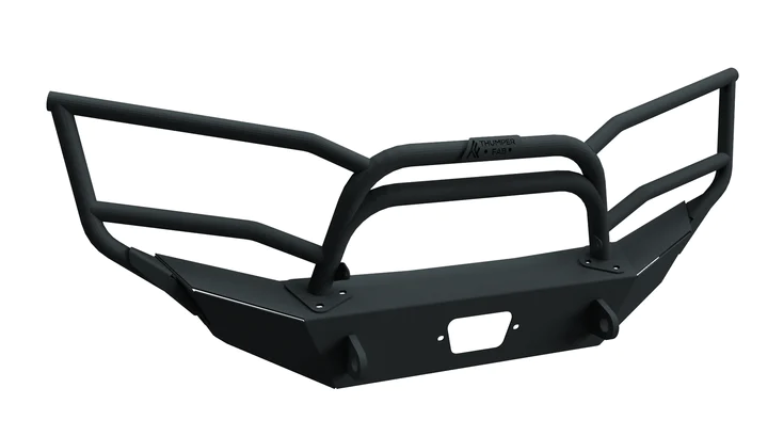 The 2018+ Tracker 800SX Brush Guard Bumper (Black) features a matte black metal finish, angular lines, protective mesh grille, side tubes for added protection, a central cutout slot, mounting points, and reinforced corners for durability.