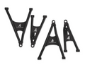 The 2018+ Tracker 800SX Forward Control Arm Set (Upper & Lower) in black features four angular metal arms with white “Thumper Fab” logos, including two large A-arms and two narrower arms, all arranged on a white background.