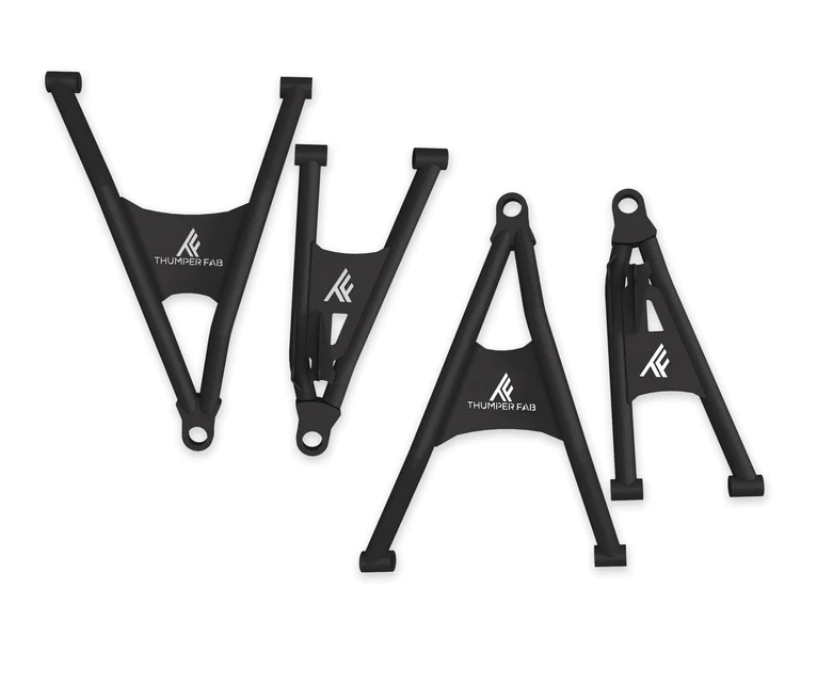 The 2018+ Tracker 800SX Forward Control Arm Set (Upper & Lower) in black features four angular metal arms with white “Thumper Fab” logos, including two large A-arms and two narrower arms, all arranged on a white background.