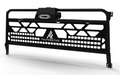 The 2018+ Tracker 800SX Winch Headache Rack (Black) by Thumper Fab features geometric cutouts, a central logo, and a top winch mount for cab protection and added utility.