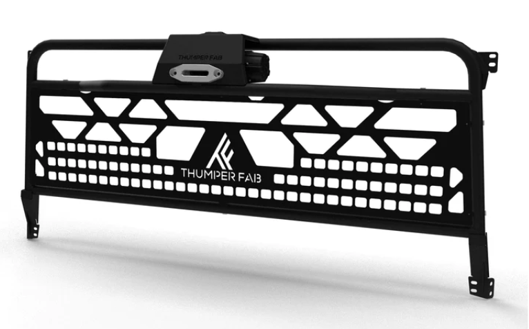 The 2018+ Tracker 800SX Winch Headache Rack (Black) by Thumper Fab features geometric cutouts, a central logo, and a top winch mount for cab protection and added utility.