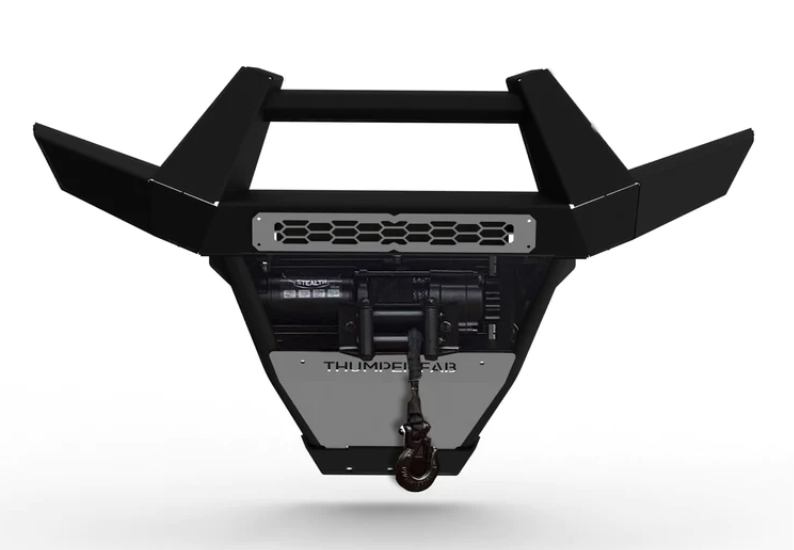 The 2015+ Polaris Ranger 500 / 570 Mid-Size Front Winch Bumper (2-piece, Black) features angular end wings, a built-in winch with hook, a metal skid plate labeled “THUMDERAIR,” and a vented panel above the winch. Displayed on a white background.
