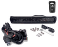 The Thumper Bumper Front Light Kit for 2015+ Polaris Ranger 570 OG includes a rectangular black LED light bar, wiring harness, connectors, screws, washers, mounting brackets, two metal rods, and a black FRONT LIGHTS switch with mountain logo—all on a whit
